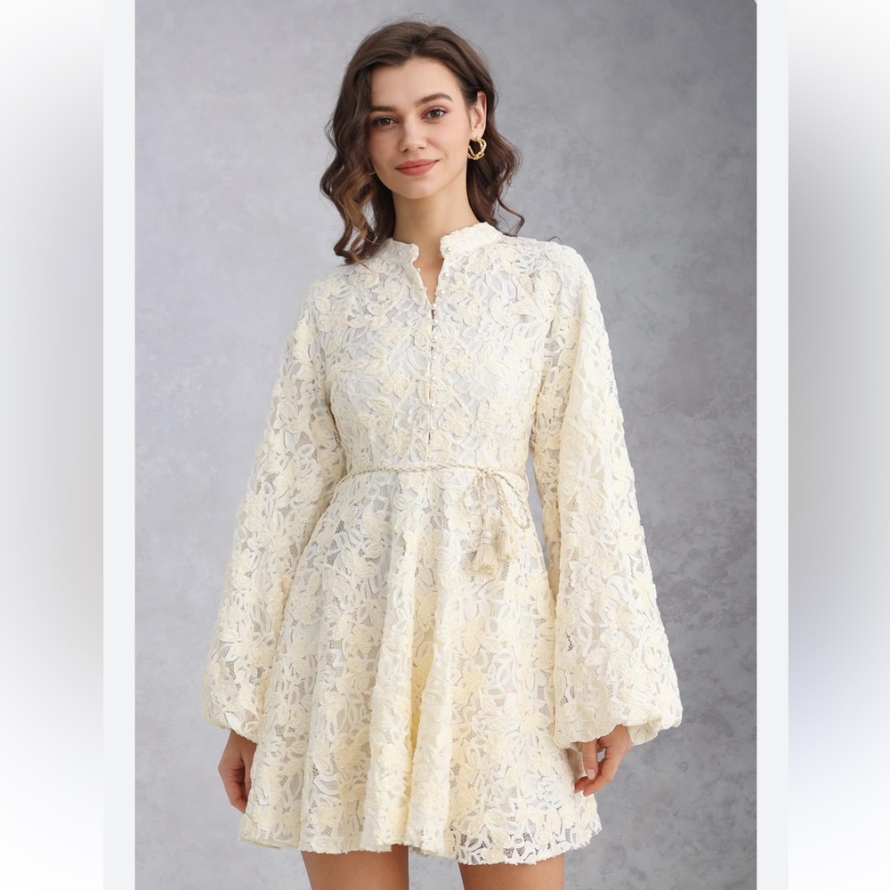 Commense crew neck white Lace Button-Up Dress
